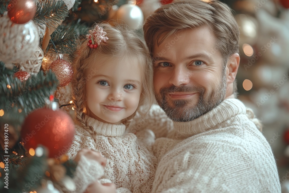 Portrait of a father and daughter decorating a Christmas tree. Christmas concept. Happy family decorating christmas tree Portrait of a father and daughter decorating a Christmas tree. Christmas concept. Happy family decorating christmas tree