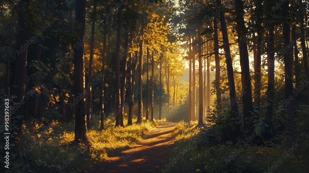 Fototapeta premium Sunbeams filtering through dense forest trees illuminating a path in the woods.