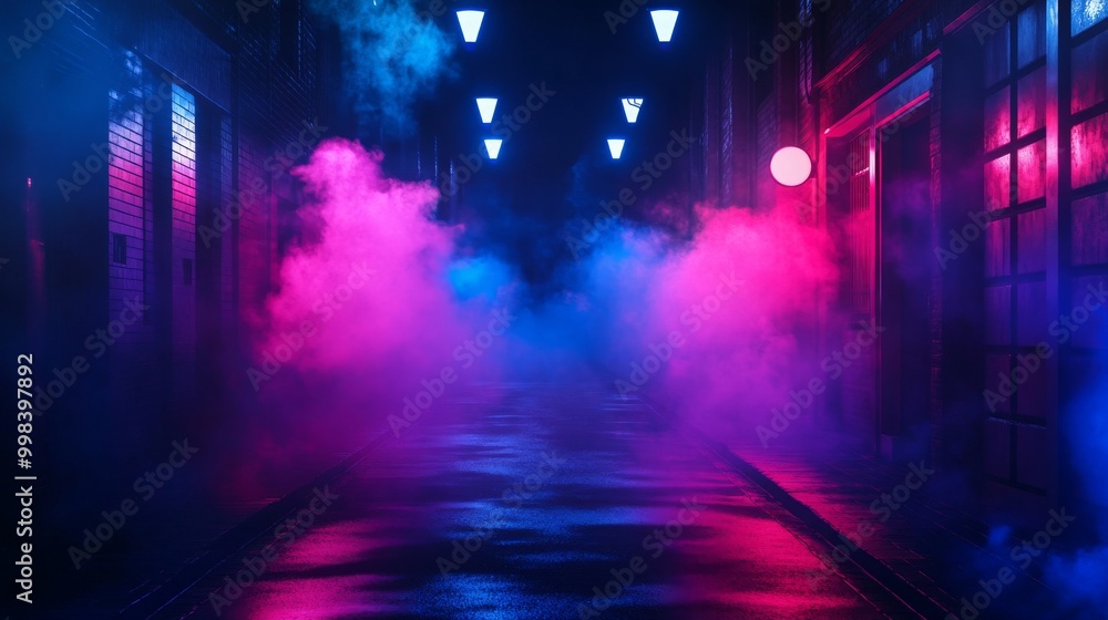Dark empty street with neon lights, spotlights, smoke, and a dark blue background, creating a night scene atmosphere. Dark empty street with neon lights, spotlights, smoke, and a dark blue background, creating a night scene atmosphere.