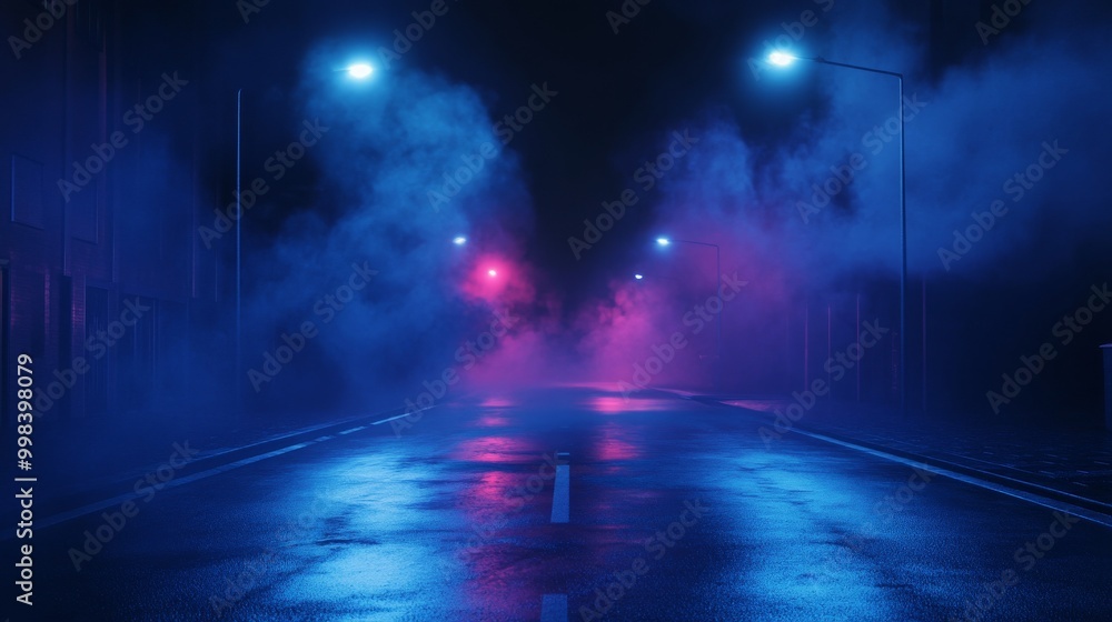 Dark empty street with neon lights, spotlights, smoke, and a dark blue background, creating a night scene atmosphere. Dark empty street with neon lights, spotlights, smoke, and a dark blue background, creating a night scene atmosphere.