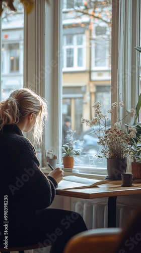 Woman sketching in front of a bright window photo