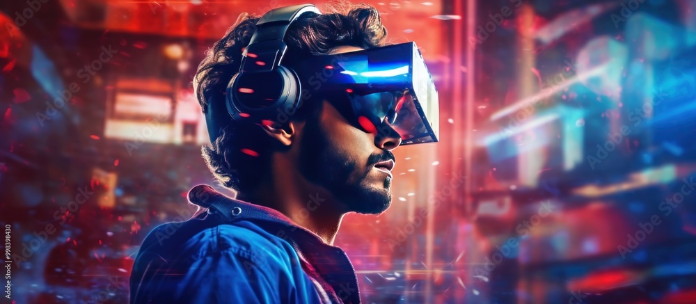 Man Wearing VR Headset in a Futuristic Cityscape Man Wearing VR Headset in a Futuristic Cityscape