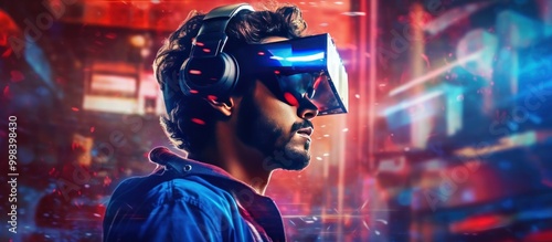 Man Wearing VR Headset in a Futuristic Cityscape