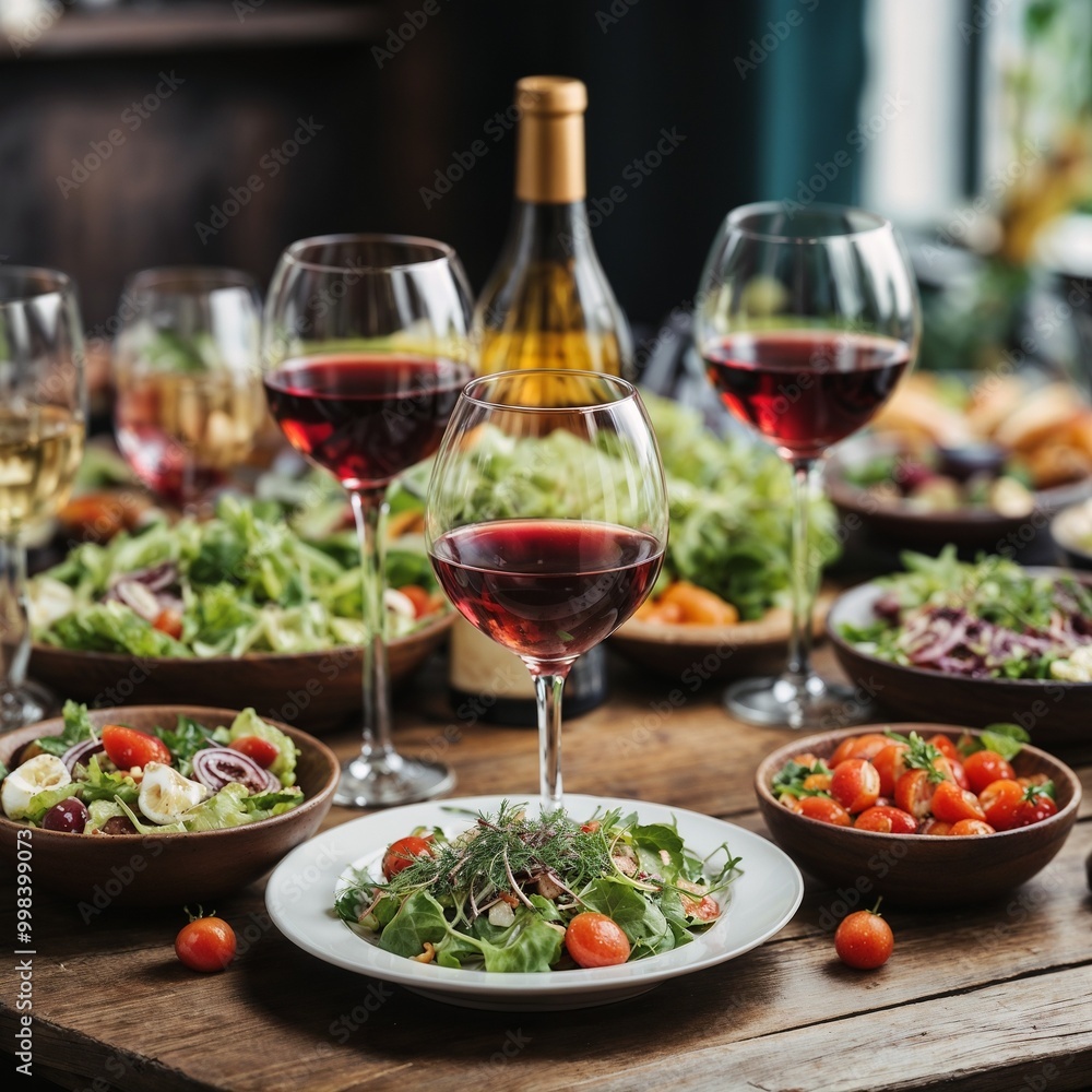 Festive table with various salads, appetizers, a bottle of wine, and glasses of wine Festive table with various salads, appetizers, a bottle of wine, and glasses of wine