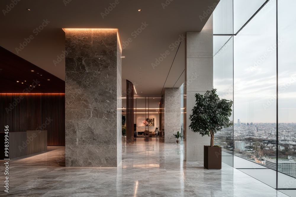 Obraz premium A luxury high-rise building lobby with large windows, marble floors, lush greenery, elegant wooden accents, and breathtaking cityscape views, creating a sophisticated ambiance.