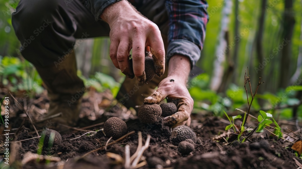 Hands in soil carefully tending to growth in forested nature landscape Hands in soil carefully tending to growth in forested nature landscape