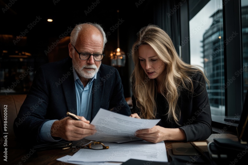 Fototapeta premium A mature man and a focused woman scrutinize important documents in a tastefully decorated office, emphasizing diligence and professional analysis.