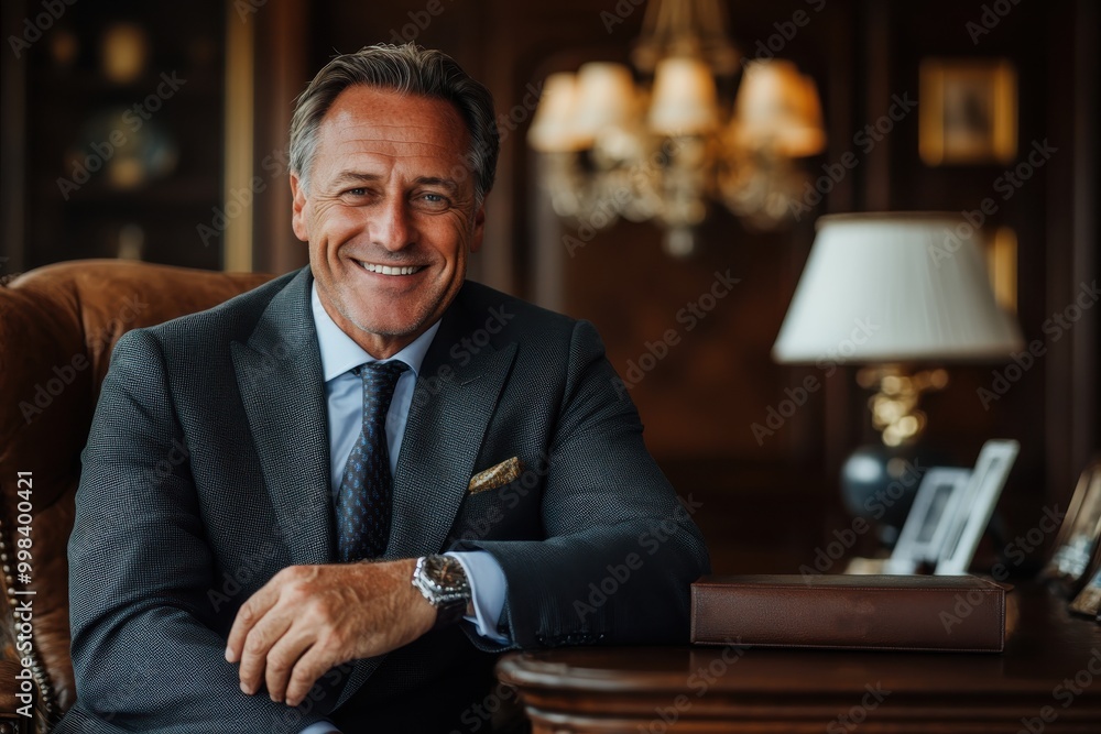 A mature, self-assured male with a charismatic smile is seated at an elegant desk, highlighting success and refined elegance in a classic office setting. A mature, self-assured male with a charismatic smile is seated at an elegant desk, highlighting success and refined elegance in a classic office setting.