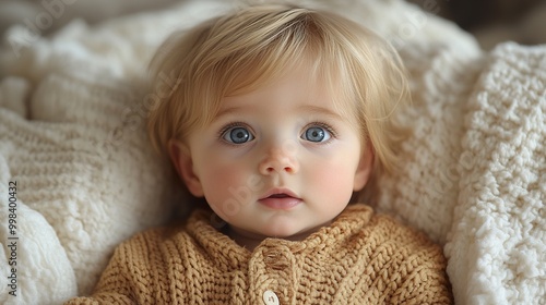 Adorable Baby Portrait with Blue Eyes and Knitted Sweater