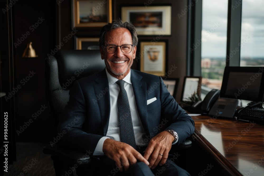 A smiling executive wearing a dark suit and glasses sits at a desk in front of a wall lined with framed achievements, showcasing professionalism and accomplishment. A smiling executive wearing a dark suit and glasses sits at a desk in front of a wall lined with framed achievements, showcasing professionalism and accomplishment.