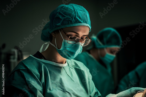 A doctor in scrubs and a surgical mask leaning over a patient in a sterile operating room, focused on their task, emphasizing hygiene and protection