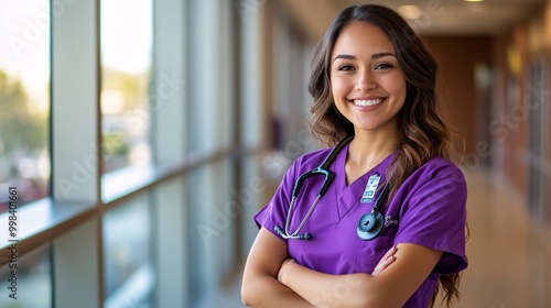 A portrait shot of a beautiful young female nurse in purple scrubs smiling  in a modern hospital