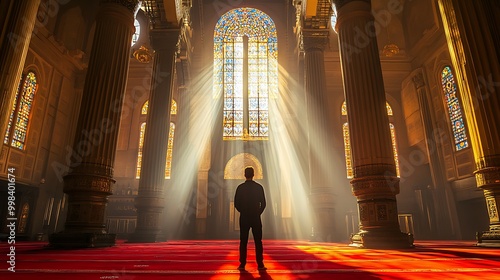 A mosque interior with golden arches and columns, bathed in sunlight. The walls have intricate geometric patterns photo