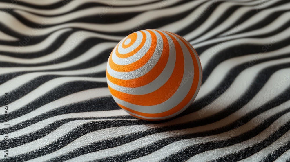 Orange-striped ball on black and white wavy ground. Orange-striped ball on black and white wavy ground.