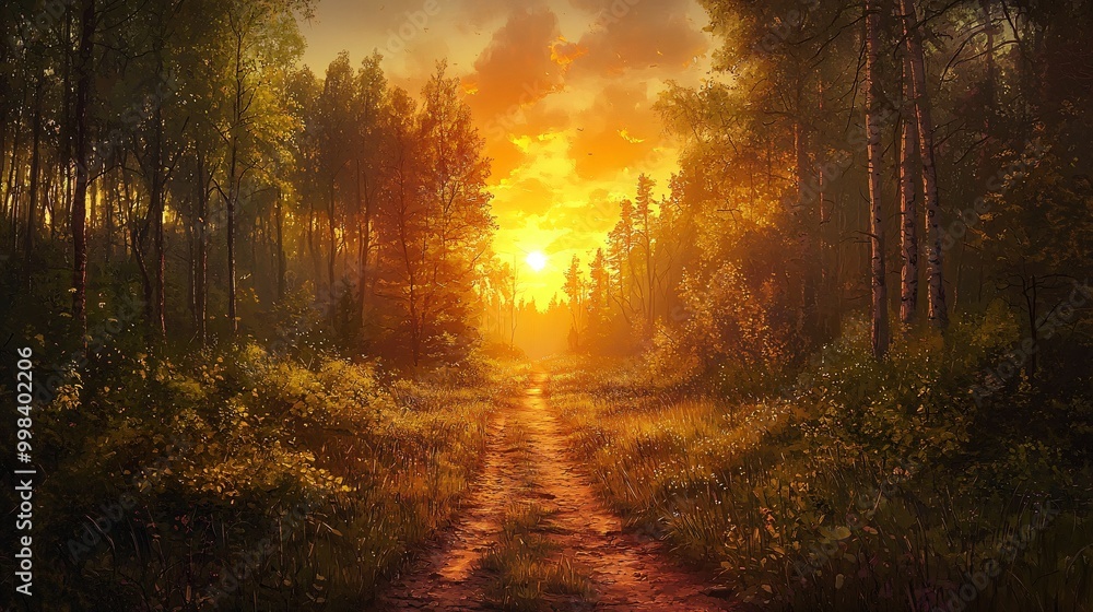Fototapeta premium Sunbeams illuminate a path through a forest with vibrant golden foliage and a dramatic sky.