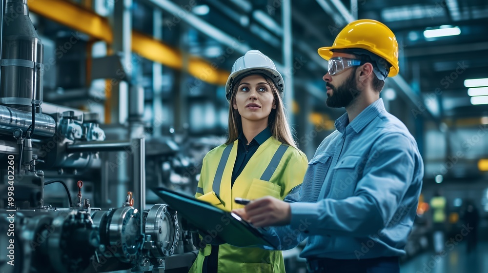 Engineers collaborating in a manufacturing facility during a quality control process in the evening Engineers collaborating in a manufacturing facility during a quality control process in the evening