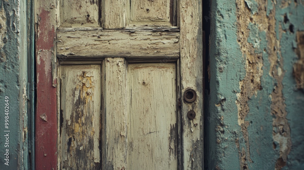 Naklejka premium Weathered Door with Peeling Paint Close Up