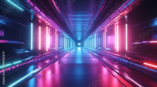 Sci-fi tunnel with neon glowing lines and reflections, a futuristic tech background with a dark center.