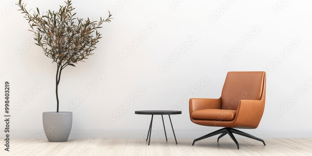 leather armchair with table on wooden floor, plant vase against white wall background leather armchair with table on wooden floor, plant vase against white wall background