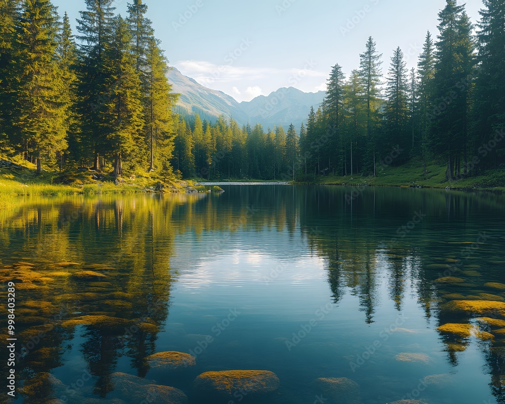 In the morning light a serene landscape unfolds, where the tranquil lake reflects the majestic mountains and their enchanting surroundings, creating a scene that feels both timeless and magical