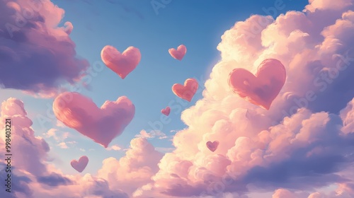 Sky of Hearts: Design a whimsical sky filled with multiple heart-shaped clouds, creating a playful and loving scene.
