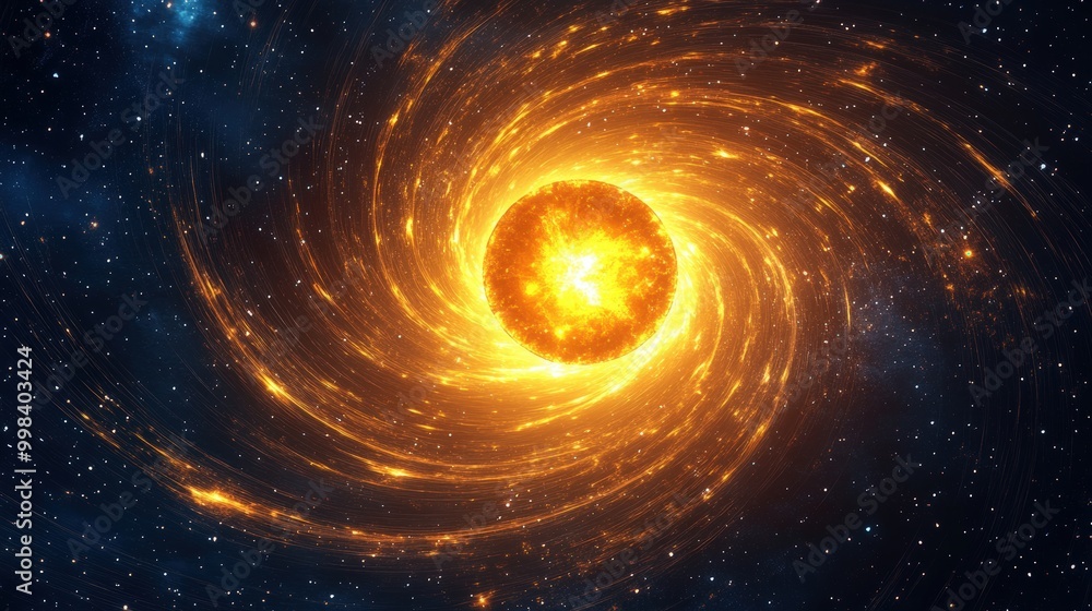 Solar Gravitation: Design an image showing the sun's gravitational pull on the stars, their paths curving beautifully around the central sun Solar Gravitation: Design an image showing the sun's gravitational pull on the stars, their paths curving beautifully around the central sun