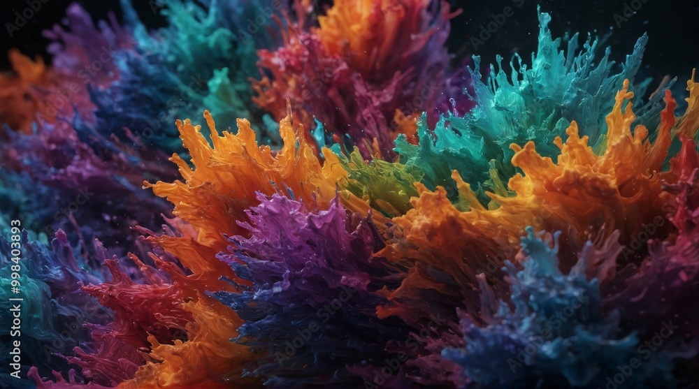 A colorful explosion of paint splatters on a canvas A colorful explosion of paint splatters on a canvas