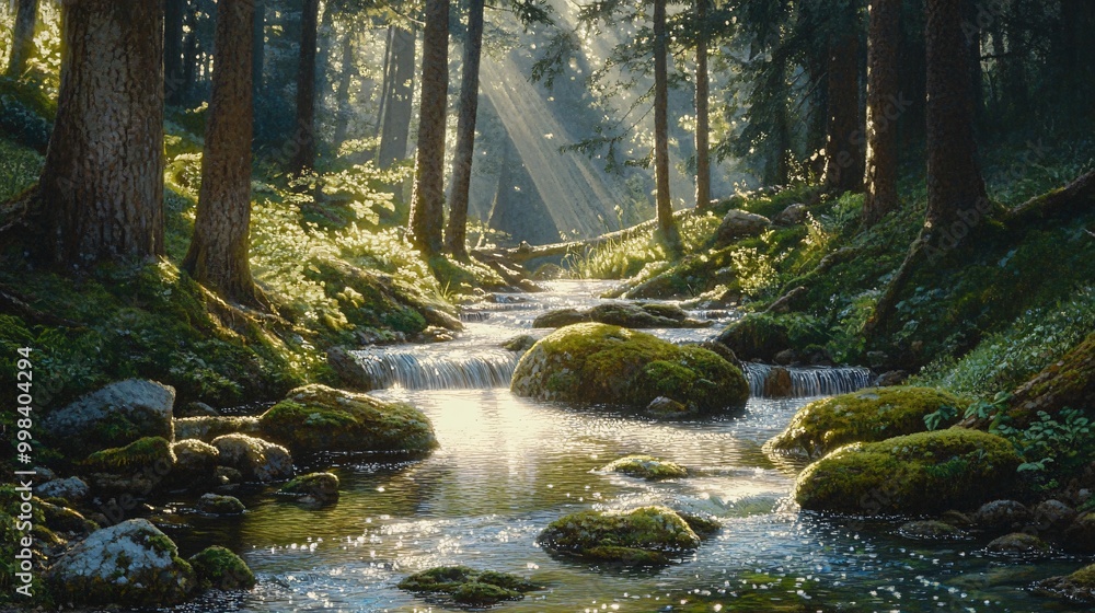 Sunbeams illuminate a stream flowing through a lush green forest. Sunbeams illuminate a stream flowing through a lush green forest.
