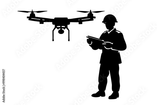  Military Operating a Drone by Remote Silhouette Vector Illustration