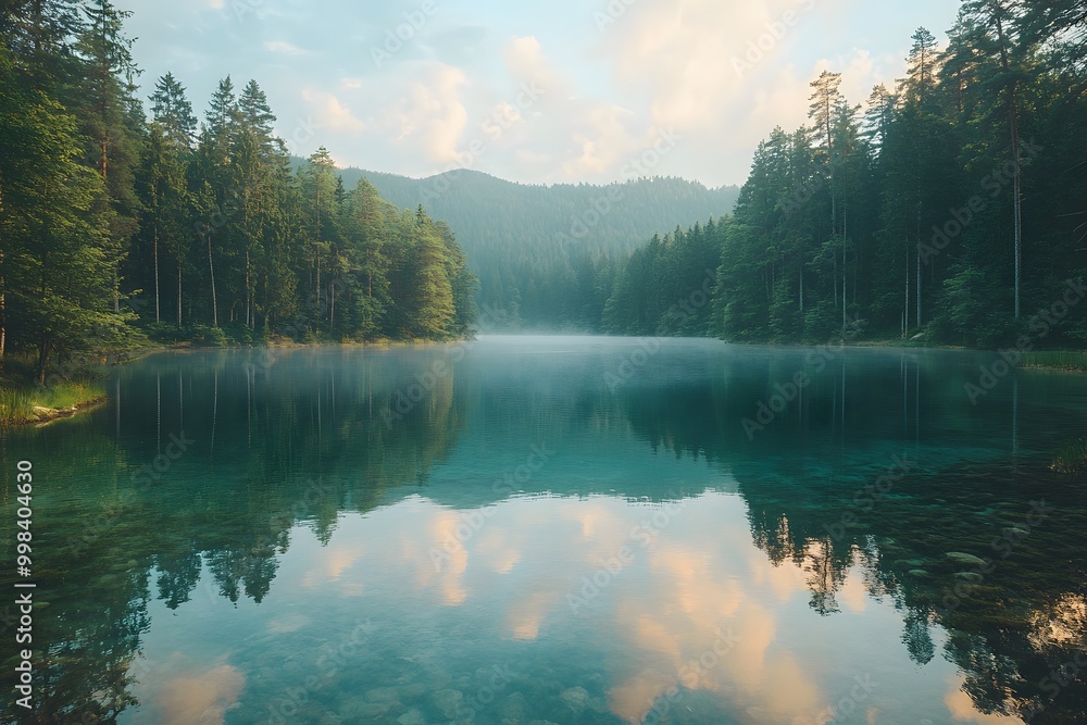 Fototapeta premium In the morning light a serene landscape unfolds, where the tranquil lake reflects the majestic mountains and their enchanting surroundings, creating a scene that feels both timeless and magical