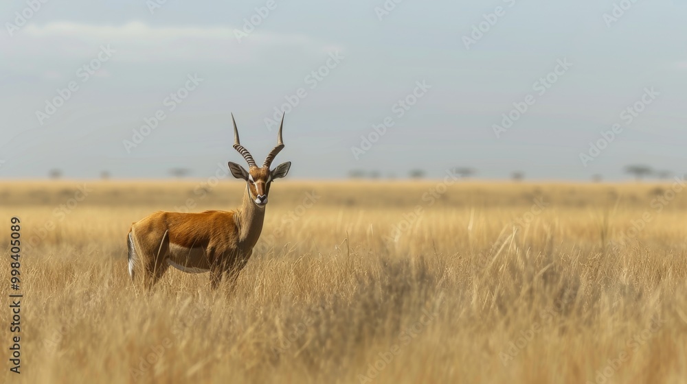 Fototapeta premium Lone Gazelle Standing Amidst Dry Savanna Grasslands in Africa