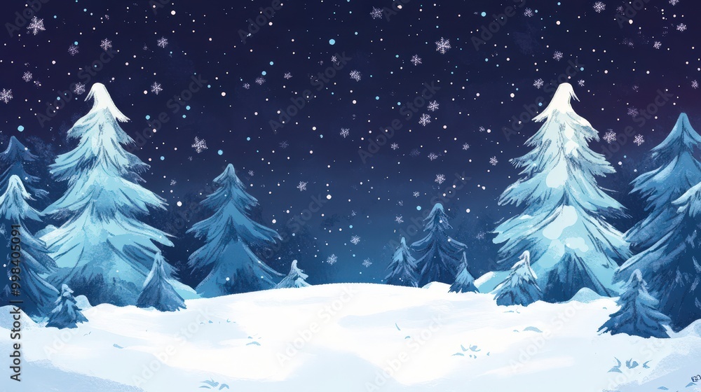 Starry Sky and Snow-Covered Trees: Illustrate a snowy landscape with trees covered in snow under a clear, starry sky. Starry Sky and Snow-Covered Trees: Illustrate a snowy landscape with trees covered in snow under a clear, starry sky.
