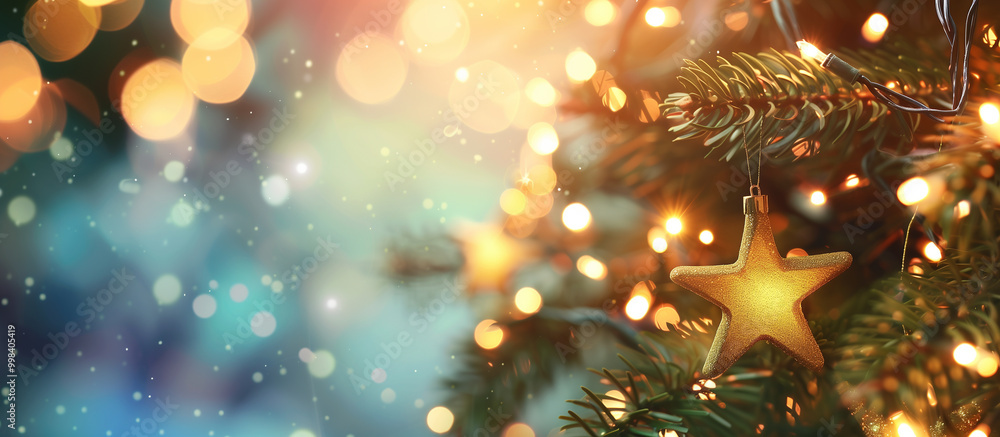 Decorated xmas spruce tree with golden stars and lights on glitter bokeh background. Merry Christmas card. Winter holiday theme. Happy New Year. Decorated xmas spruce tree with golden stars and lights on glitter bokeh background. Merry Christmas card. Winter holiday theme. Happy New Year.