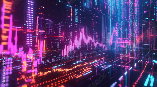 A neon-lit digital graph displaying complex financial data points, including stock indices and futures contracts, representing the dynamic nature of modern trading. This vivid visualization captures t