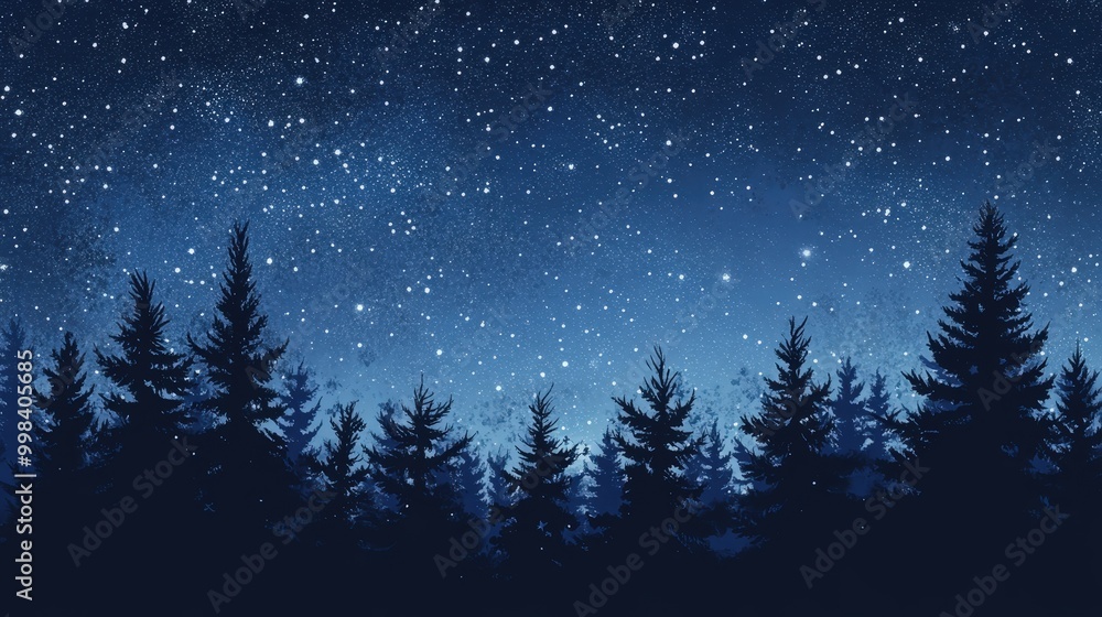Starry Sky Over a Forest: Design a depiction of a dense forest under a clear, starry sky, with trees silhouetted against the starlight Starry Sky Over a Forest: Design a depiction of a dense forest under a clear, starry sky, with trees silhouetted against the starlight