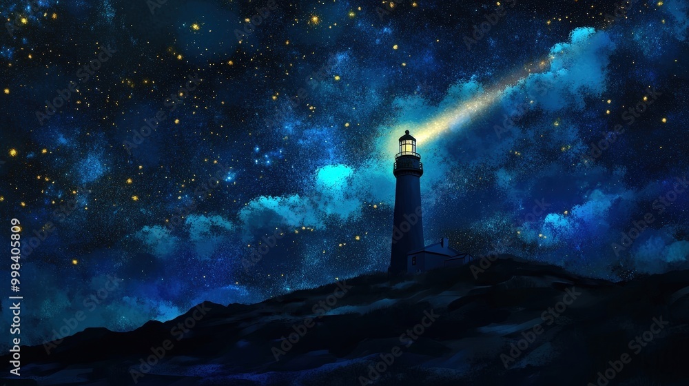 Starry Sky Over a Lighthouse: Design a scene of a lighthouse under a starry sky, with the lighthouse beam cutting through the darkness. Starry Sky Over a Lighthouse: Design a scene of a lighthouse under a starry sky, with the lighthouse beam cutting through the darkness.