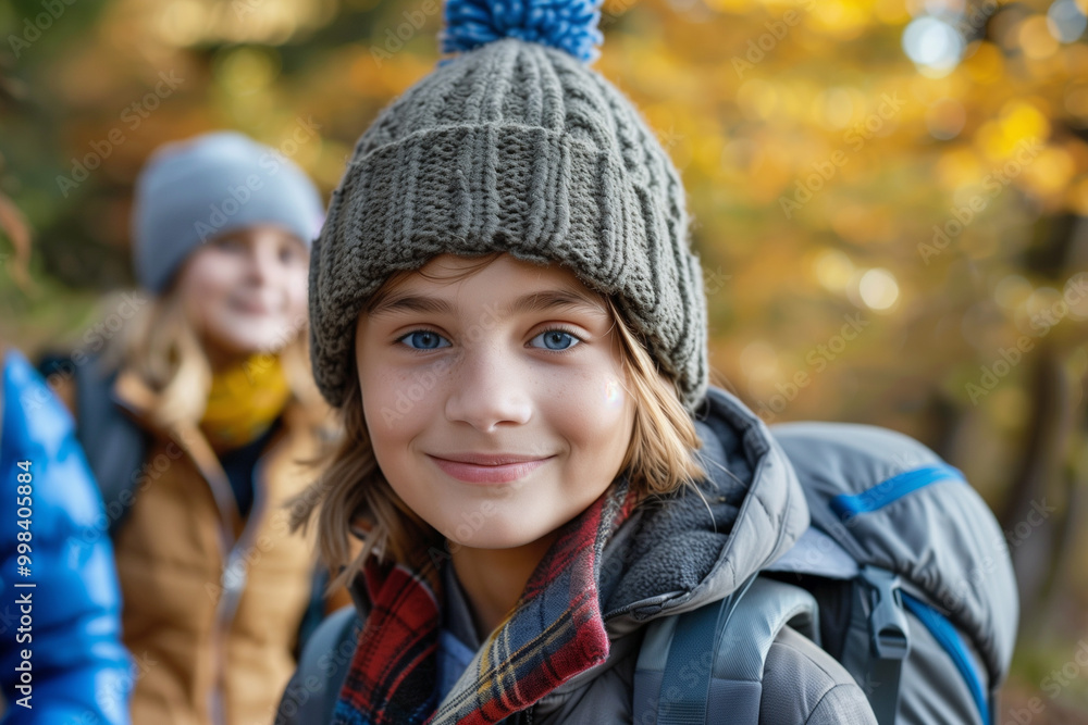 Child hiking in an autumn forest during a sunny day Child hiking in an autumn forest during a sunny day