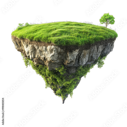 floating fantasy green grass island with plant earth