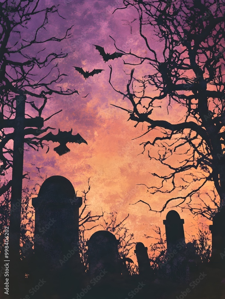 Haunting Graveyard Silhouettes at Dusk with Moody Purple and Orange Sky Haunting Graveyard Silhouettes at Dusk with Moody Purple and Orange Sky