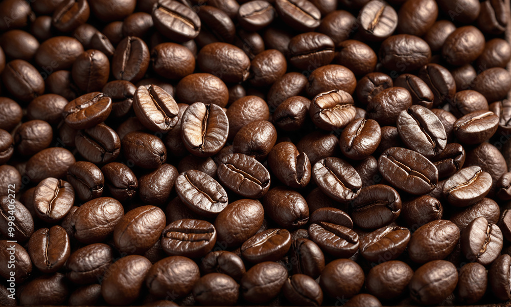 A close-up, highly detailed image of a pile of roasted coffee beans in various shades of brown. A close-up, highly detailed image of a pile of roasted coffee beans in various shades of brown.