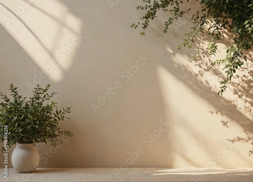 A white vase with a plant in it sits on a table in front of a wall