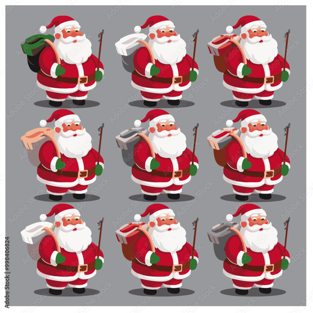 Fototapeta premium Flat design ready for animation collection of Christmas Santa Claus poses an actions. Vector set of funny cartoon characters, poses and emotions. Vector icons for web page and mobile app.