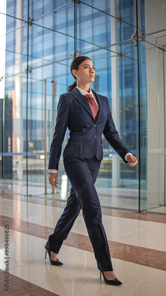 Confident Businesswoman in Navy Suit Walking Through Modern Glass Office Building Confident Businesswoman in Navy Suit Walking Through Modern Glass Office Building