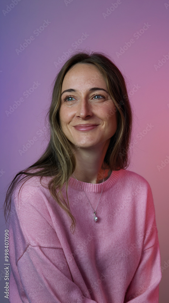 Woman Smiling in Pink Sweater Against Purple Gradient Background Woman Smiling in Pink Sweater Against Purple Gradient Background