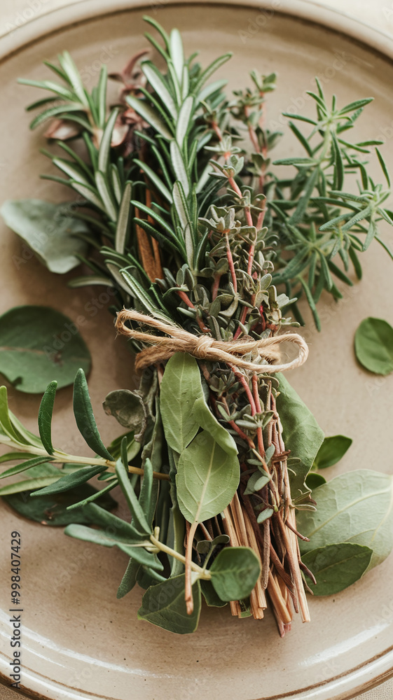 Obraz premium Fresh Herb Bundle Tied with Twine on Beige Ceramic Plate Culinary Aromatics