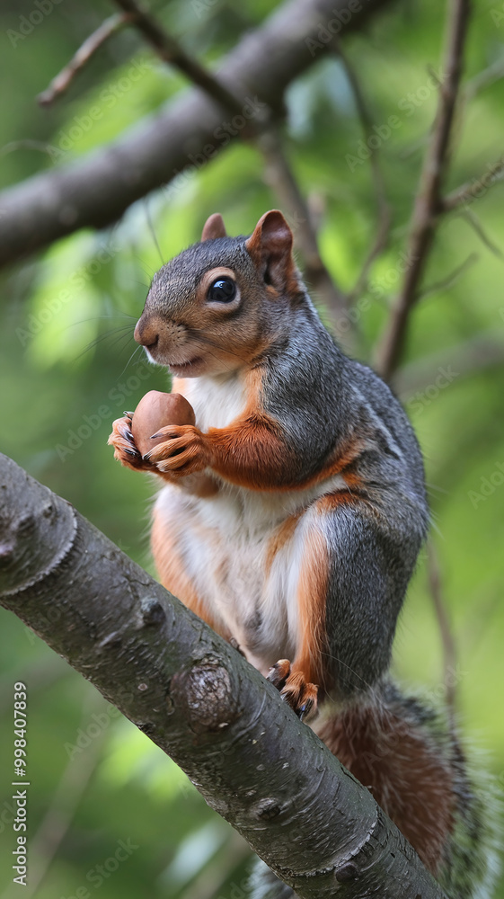 Cute Squirrel on Tree Branch Holding Nut in Lush Green Forest Cute Squirrel on Tree Branch Holding Nut in Lush Green Forest