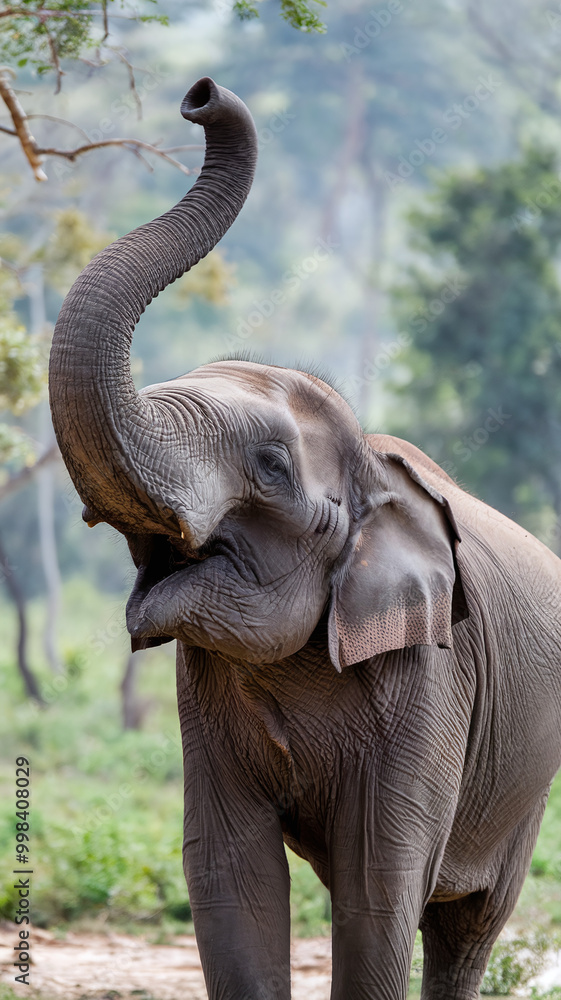 Obraz premium Majestic Gray Elephant Raising Trunk in Lush Green Forest Background