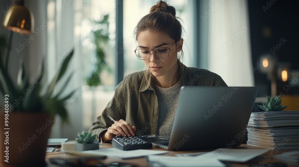 Focused Young Woman Working at Home Focused Young Woman Working at Home