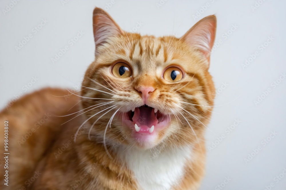 Surprised orange tabby cat close-up with open mouth and wide eye, funny pet expression Surprised orange tabby cat close-up with open mouth and wide eye, funny pet expression