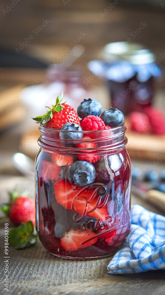  Fresh Mixed Berries in Mason Jar on Rustic Wooden Table with Soft Background